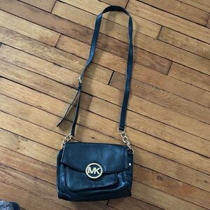 Michael Kors Black Leather Messenger bag with Gold MK Emblem
